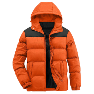 Blouson matelassé orange pour homme, coupe-vent, en polyester épais, décontracté, col montant, fermeture éclair, coupe régulière, couleur unie, à capuche - Product Image 1