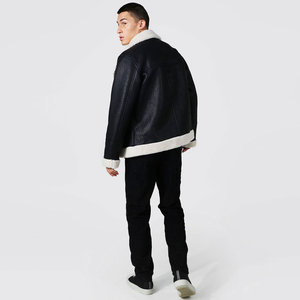 Premium Black Shearling Leather Bomber <b>Jacket</b> Men Vintage Warm Winter Aviator Faux <b>Fur</b> Coat OEM Streetwear Fashion - Product Image 6