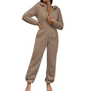 Pijama enterizo con capucha para mujer, de manga larga, color liso, de forro polar tejido, con cremallera, ropa cómoda para estar en casa, ropa de invierno - Product Image 1