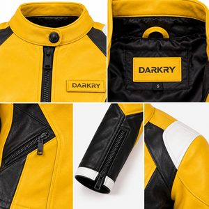 Blouson en cuir jaune pour femme, coupe slim, style motard, avec empiècements noirs sur les côtés, col à boutons-pression, poignets zippés, veste de course personnalisée Darkry - Product Image 6