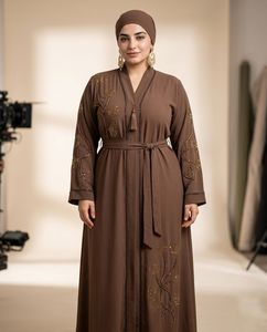 Brown Floral Embroidered Abaya V Neck <b>Long</b> Sleeve Floor Length Modest <b>Dress</b> Women Plus Size Middle East Style Dubai Abaya - Product Image 1