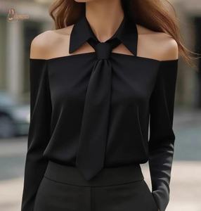 Elegante Blusa de Satén para Mujer con Hombros Descubiertos, Cuello con Lazo, Manga Larga, Color Sólido, Cuello Camisero, Ideal para Oficina - Product Image 3