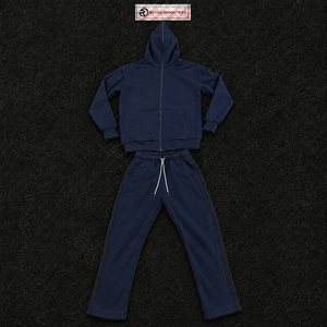 Ensemble de survêtement bleu marine à capuche pour homme, fermeture éclair intégrale, couleur unie, sweat-shirt et pantalon en coton, coupe classique, tenue décontractée d'automne, taille S - Product Image 5