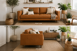 Genuine Leather Square <b>Sofa</b> Midcentury Modern Two Seat Tufted Tight Back Track Arms Padded Wood Legs Living Room Chesterfield - Product Image 3