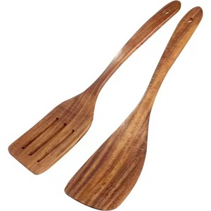 Juego de 2 espátulas de madera de teca súper populares, espátula ancha y plana para wok, espátula ranurada, utensilios de madera para sartenes antiadherentes - Product Image 1