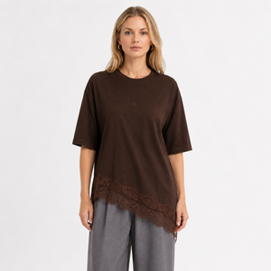 ODM Oversized Asymmetrical Diagonal Lace Hem Tee <b>Brown</b> Short Sleeve Crewneck Cotton Loose Fit Casual Pullover Top Women's Shirts - Product Image 1