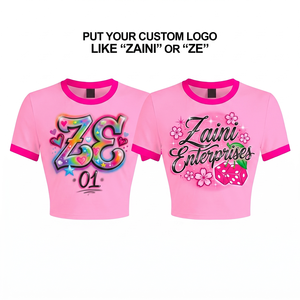 Premium 220 GSM Cotton Spandex Women <b>Crop</b> <b>Top</b> T Shirt Pink Contrast Rib Neck Sleeve Custom DTF DTG Sublimation Print Logo - Product Image 1