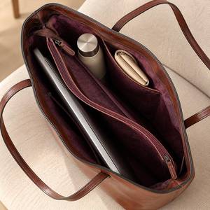 Sac fourre-tout vintage en cuir véritable noir uni, sac à bandoulière avec fermeture éclair, grande capacité pour usage quotidien - Product Image 5