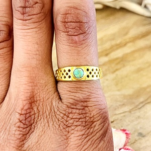 Bague en laiton plaqué or 18 carats pour femme, design bohème tendance, motif géométrique, ornée de pierres précieuses, de turquoise et d'un motif œil en argent certifié - Product Image 3