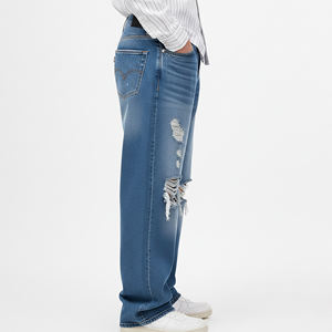 Pantalon en jean bleu clair 100 % coton épais 14 oz, coupe droite, déchiré, respirant, prix de gros abordable - Product Image 2