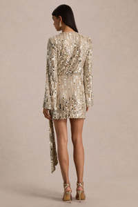 Mini-robe moulante à sequins dorés, décolleté plongeant, avec ceinture, style hip-hop sexy, col en V, pour soirées et événements, best-seller - Product Image 3