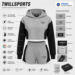 Women's Cropped Hoodie Shorts Set Cotton <b>Blend</b> Tracksuit Wholesale Private Label Lounge Wear - Product Image 5