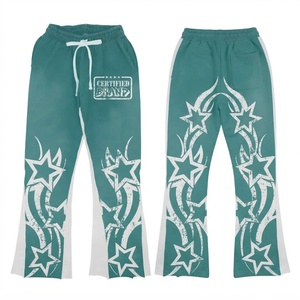 Pantalon évasé en molleton de coton premium 320 GSM, bleu sarcelle avec panneau latéral blanc, logo personnalisé, respirant, séchage rapide, léger, décontracté, coupe large - Product Image 1