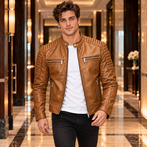 Veste en cuir véritable pour homme, style motard, avec manches rembourrées, fermeture éclair asymétrique, ceinture à la taille, vêtement d'extérieur de luxe pour l'hiver - Product Image 5