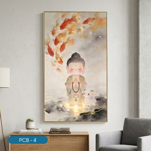 Impression sur toile de Bouddha avec poisson Koi et agneau, art religieux de dessin animé, décoration murale intérieure, modèle PCB-4, peintures personnalisées de la marque HALO - Product Image 2