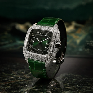 Reloj de Lujo Vintage con Moissanita VVS, Estilo Hip Hop Moderno, Correa de Cuero Verde, Esfera de Cristal, Diamantes Engastados, Movimiento Automático, Acero Inoxidable - Product Image 4