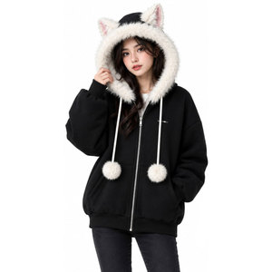 Sweat-shirt à capuche noir 2027 avec doublure en fausse fourrure, oreilles de chat, pour femme, hiver, chaud, surdimensionné - Product Image 4