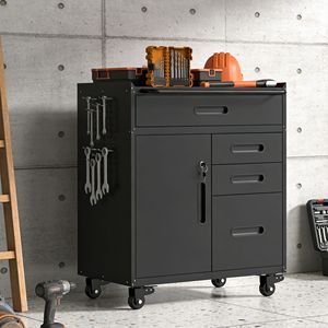 Armadio Portautensili Mobile da 87 cm con Scomparto Chiudibile a Chiave, 4 Cassetti, Cassettiera in Acciaio su Ruote per Garage e Officina - Product Image 2