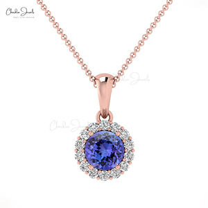 Handmade 14k <b>Solid</b> <b>Gold</b> Genuine 4mm Brilliant Round Cut Tanzanite Halo <b>Pendant</b> with 1mm Prong-Set Diamond <b>Pendant</b> Necklace - Product Image 2