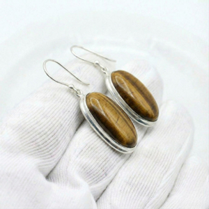 Pendientes de Plata de Ley 925 Hechos a Mano con Ojo de Tigre, Engaste de Bisel, Pendientes Colgantes Ovalados con Piedra Preciosa - Product Image 1