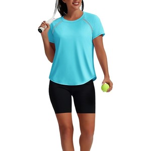 Women's Light Blue Solid Color Crew Neck Short Sleeve <b>Raglan</b> T-Shirt Quick Dry Loose Fit Knitted Sporty <b>Top</b> Spring Summer - Product Image 5