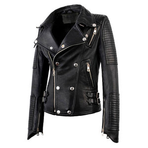 Chaqueta de Motociclista de Cuero Genuino de Oveja Negra para Mujer, de Buena Calidad, con Cierre, Cuello Camisero, Chaqueta de Cuero a la Moda - Product Image 2
