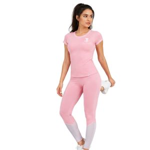 Women’s <b>Pink</b> Short Sleeve Workout T Shirt and Color Block <b>Leggings</b> Activewear Set for <b>Gym</b> Yoga Fitness - Product Image 3