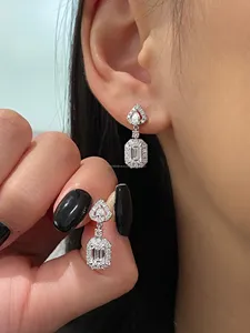 <b>Emerald</b> & Pear Cut Lab Grown Diamond <b>Earrings</b> in White <b>Gold</b>, Luxury <b>Earrings</b> for Women, Bridal Anniversary & Wedding Gift - Product Image 4