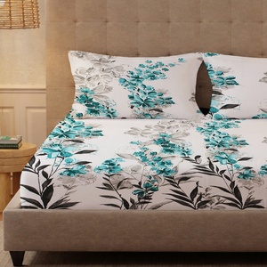 Ensemble de draps de lit en tissu satiné tissé 100% coton, taille King Size - 200 TC, motif floral aqua, comprend un drap plat et 2 taies d'oreiller - Product Image 1