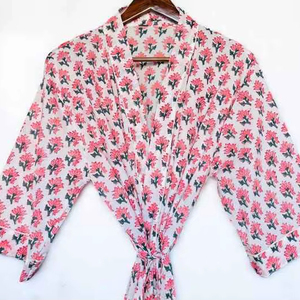 Cotton Floral Blockprint Kimono Robe – Summer Beachwear Loungewear Wholesale Women Printed Cotton Kimono <b>Boho</b> Beach Cover Up - Product Image 4