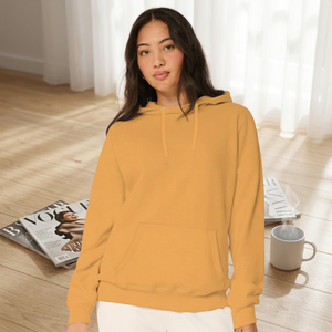 Sweat-shirt à capuche unisexe en molleton jaune moutarde, coupe classique, décontracté, pour l'automne, avec poche avant, respirant, tricoté, couleur unie - Product Image 2