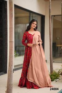 Traje Anarkali Rojo Estampado para Mujer con Dupatta Color Durazno, Largo hasta el Suelo, Estilo Tradicional para Fiestas, Estilo India-Pakistán, Vestido de Poliéster - Product Image 3