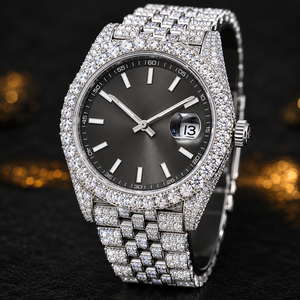 Montre classique pour homme en acier inoxydable avec mouvement Seiko, cadran noir, bracelet Jubilee, date, diamants Moissanite glacés, style Hip Hop de luxe - Product Image 2