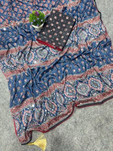 Premium Soft Chinon Silk Ankle-Length Wrinkle-Free Thread Sequins Embroidery Ajrakh Print Stylish Party Wear <b>Saree</b> Unstitched - Product Image 4