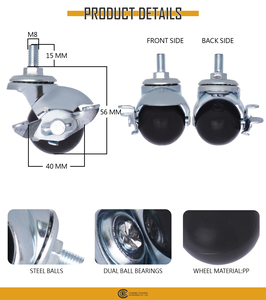 Rueda giratoria de 1.5 pulgadas con vástago roscado y freno, cromada, negra, para muebles, gabinetes, escritorios y estantes - Product Image 2