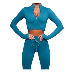 Conjunto de Yoga acanalado de cintura alta, ropa deportiva transpirable para correr con cuello en V, gimnasio, conjuntos de Yoga de nailon Spandex de secado rápido con corte automatizado - Product Image 3