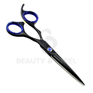 Professional Matte Black Hair Cutting Scissors with Blue Jeweled Pivot and Glitter Finger <b>Ring</b> Inserts - Product Image 1