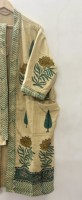 Robe kimono longue de luxe unisexe en coton indien fait main, imprimée au bloc, col en V, respirante, écologique, motifs floraux et feuilles, avec ceinture