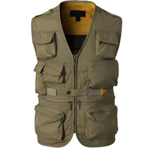 Men's Olive Green Multi Pocket Tactical <b>Vest</b> Zipper Closure Breathable Outdoor <b>Utility</b> Casual Summer Wear Sporty V-neck - Product Image 1