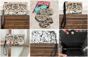 Trending Product Newly Design Hand Tooled Leather Clutch for Women Genuine Cowhide Leather With Turquoise Stone <b>Wristlet</b> Wallet - Product Image 2
