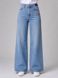 Pantalon en jean ample décontracté pour femme, taille haute, délavé vintage, coupe large, style urbain, tendance - Product Image 1