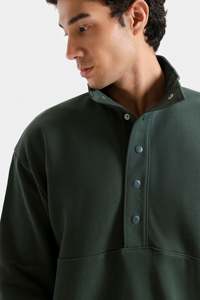 Sweat-shirt à demi-zip vert foncé pour homme, coupe classique, col boutonné, décontracté, pour l'automne, manches longues, en molleton tricoté, couleur unie - Product Image 3