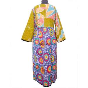 Vestido maxi bohemio elegante de alta costura para mujer, con cuello redondo, manga tres cuartos, tela de algodón kantha, estilo casual. - Product Image 6