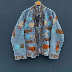 Abrigo Informal Azul Terciopelo con Bordado de Peces para Adultos, Talla Grande, para Primavera/Verano, Chaqueta Suzani de Poliéster de Secado Rápido - Product Image 2