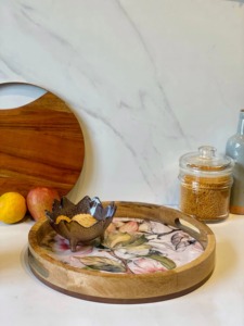 New Grey <b>Round</b> <b>Tray</b> Mangowood <b>Round</b> Wood Serving <b>Tray</b> with Handles Decorative Serving <b>Tray</b> Platter - Product Image 2