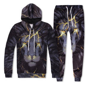 Nouvel ensemble de survêtement élégant personnalisé avec logo par sublimation, sweat à capuche zippé et pantalon de jogging, 2 pièces, pour homme, imprimé lion - Product Image 1