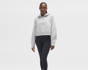 Sweat-shirt court à capuche pour femme, demi-zip, épaules tombantes, couleur unie, décontracté - Product Image 1