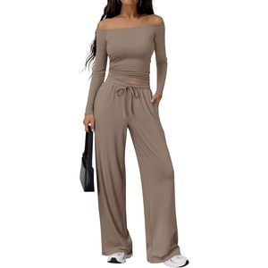 Ensemble de détente 2 pièces personnalisé pour femme, pantalon large à volants latéraux, haut court légèrement froncé, taille élastique en Spandex, taille Queen, ODM - Product Image 2