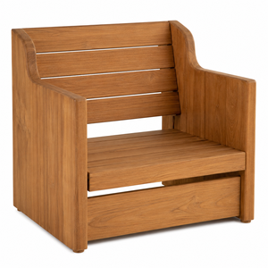 Chaise de jardin scolaire contemporaine en teck massif moderne avec cadre enveloppant, dossier à lattes larges, écologique, durable et confortable - Product Image 1
