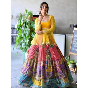 TRENDING CHINON SILK DIGITAL PRINTED CRUSH PATTERN TOP WITH LEHENGA PINK choli - Product Image 1